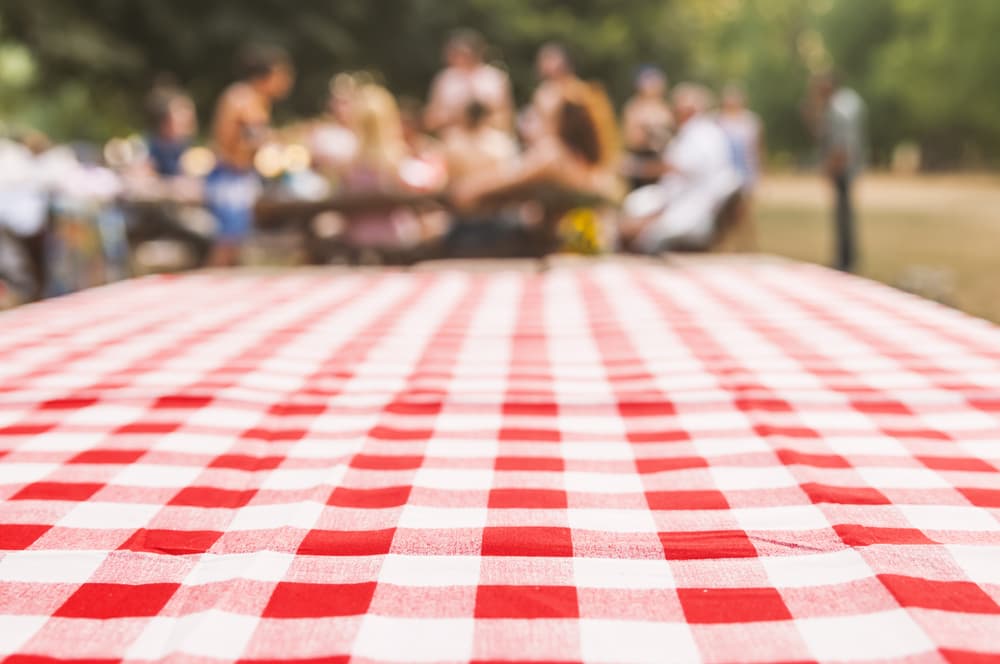 Picnic table with red and white cloth, blurred party on background.