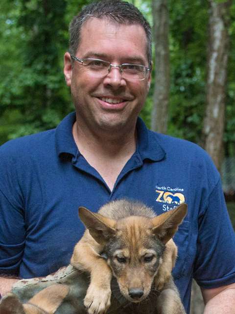 Chris Lasher and red wolf pup